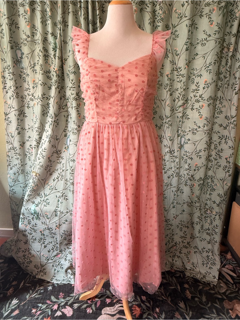 ModCloth Pink Polka Dot Ruffle Strap Midi Dress and pink cardigan sweater